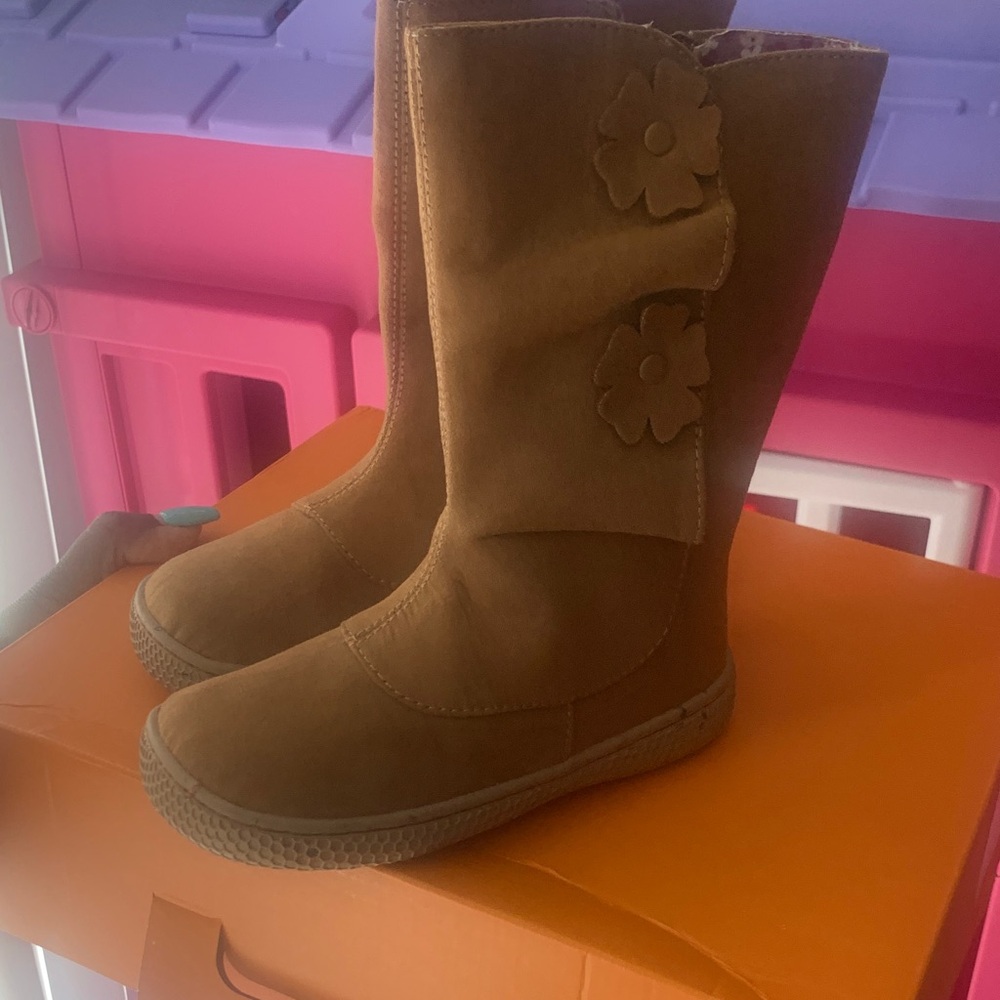 Livie & Luca Girls Brown Suede-Look Tall Boots with Flower Appliqués